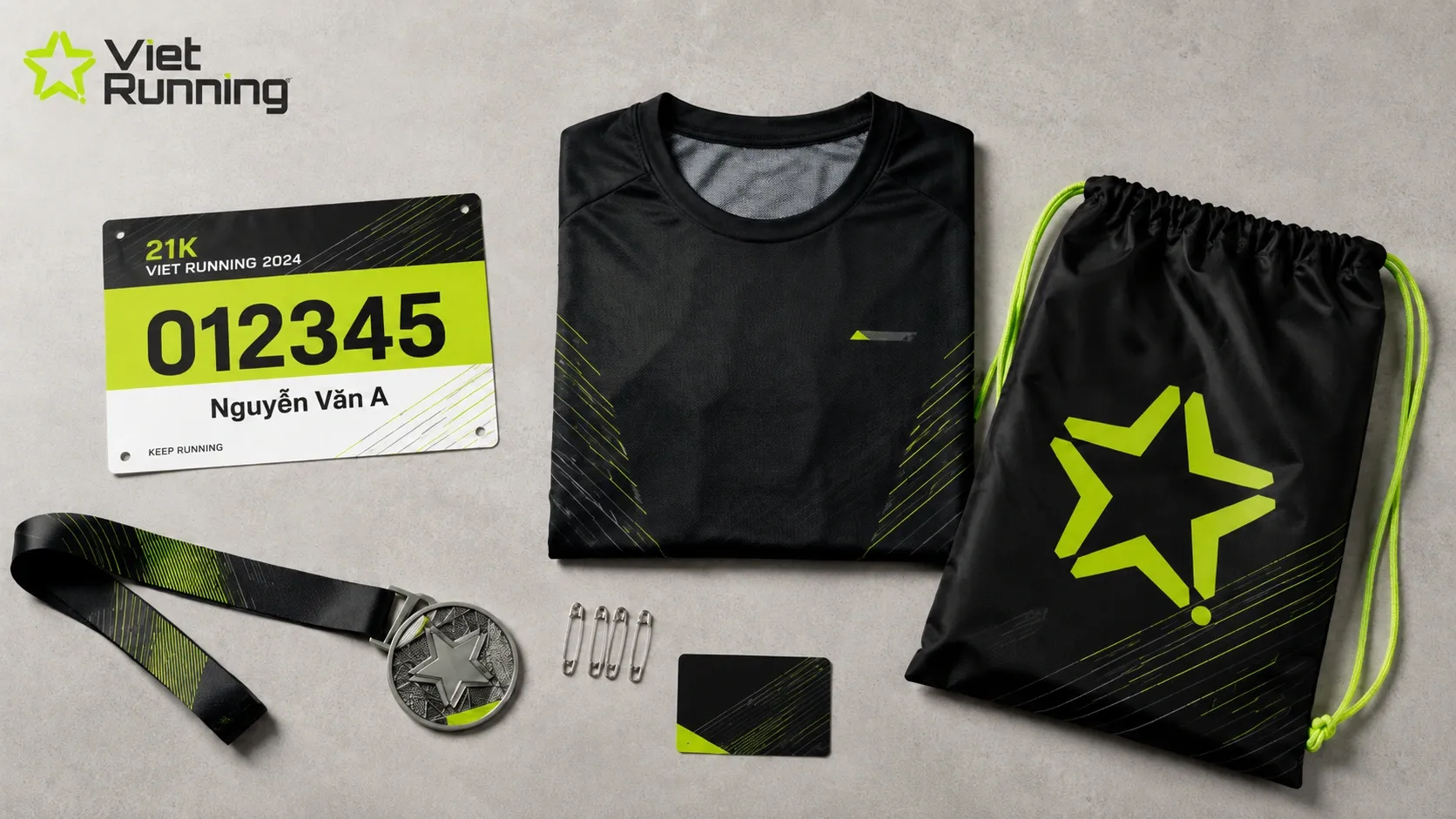 Race kit gồm BIB, &aacute;o, huy chương v&agrave; t&uacute;i kit