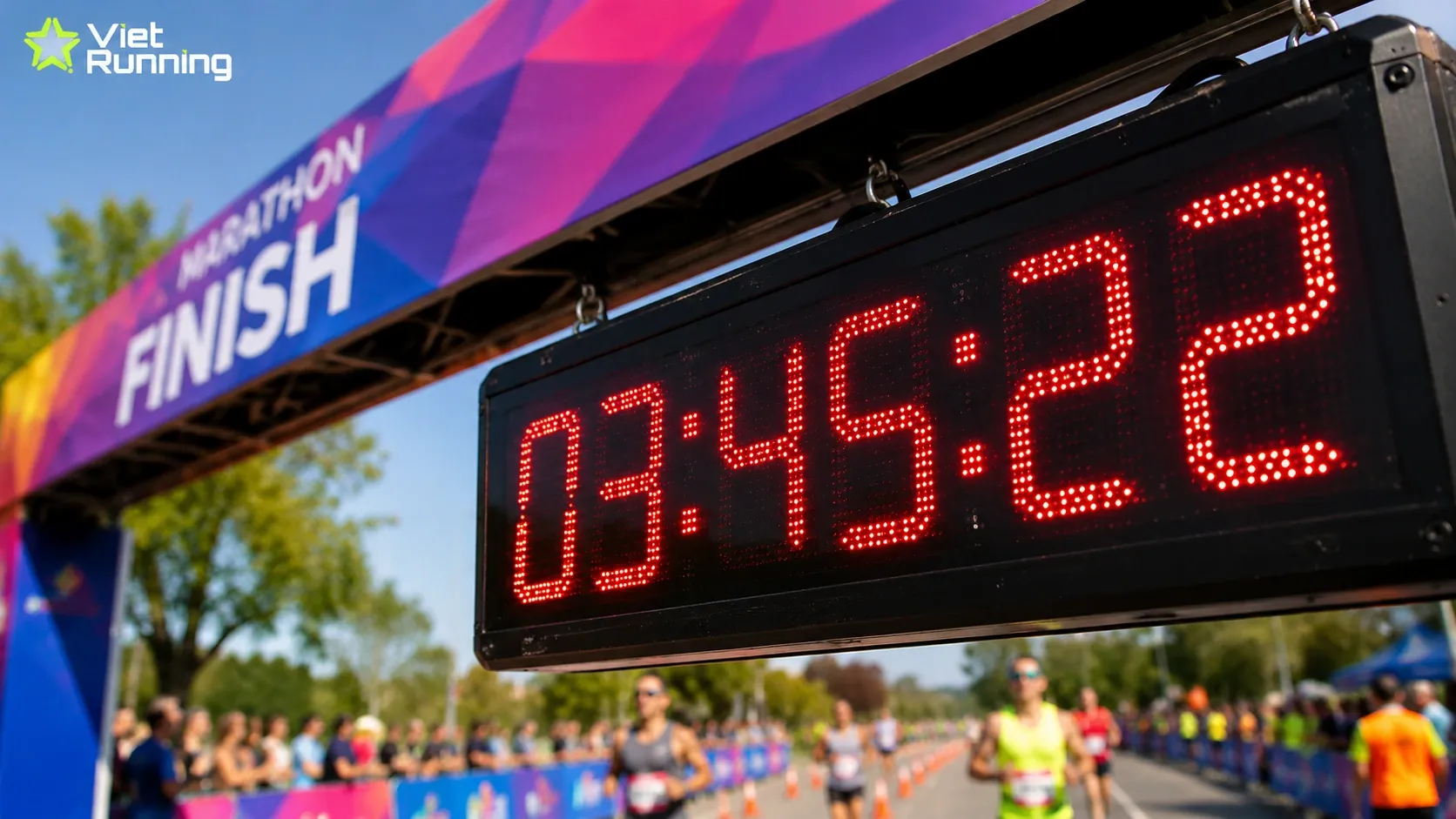 Đồng hồ đếm thời gian tại vạch đích giải chạy marathon, hiển thị gun time