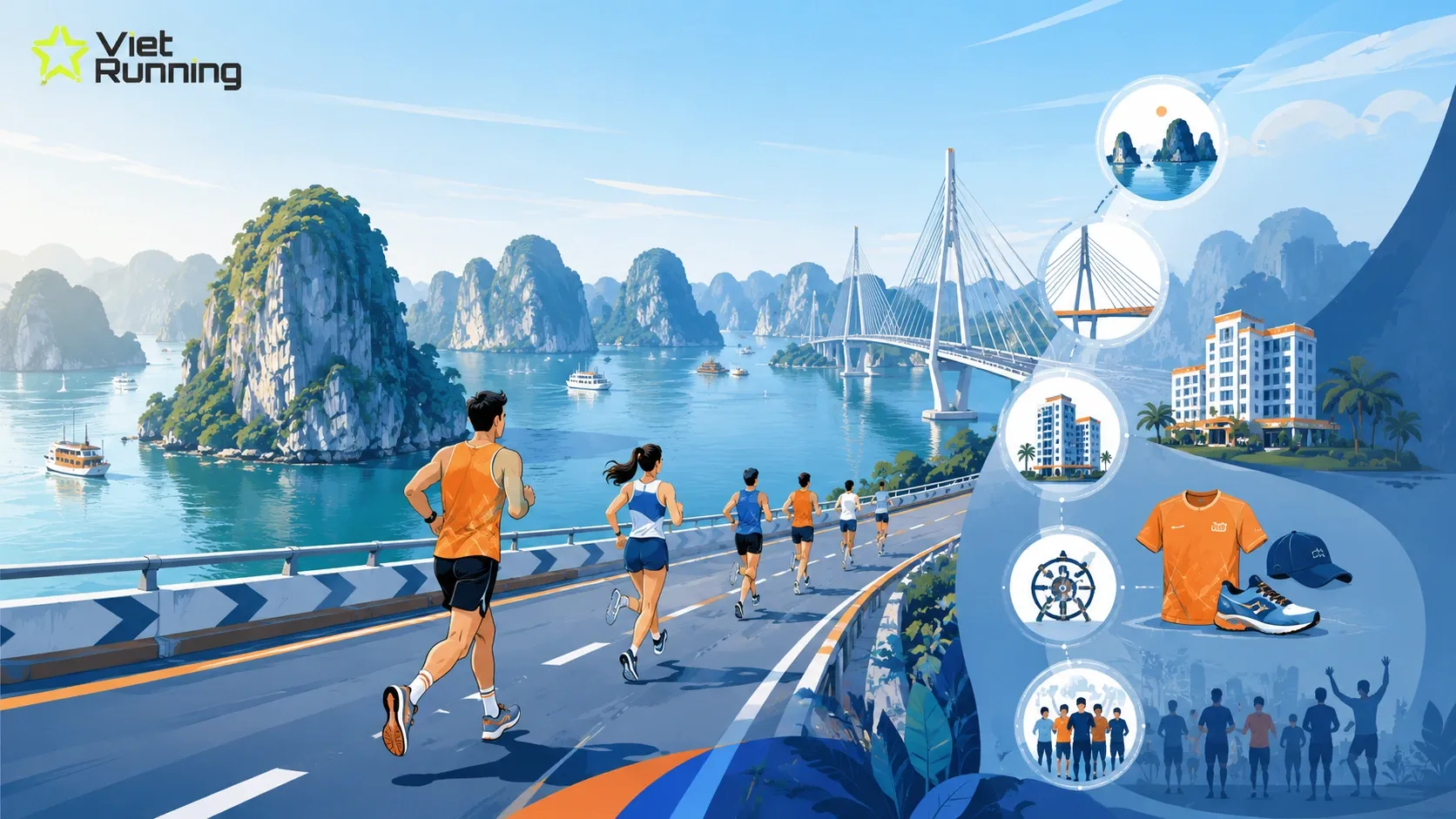 Minh họa các lợi thế của Hạ Long khi tổ chức giải chạy như vịnh biển, đường rộng, cầu Bãi Cháy và hạ tầng du lịch Minh họa các lợi thế của Hạ Long khi tổ chức giải chạy như vịnh biển, đường rộng, cầu Bãi Cháy và hạ tầng du lịch