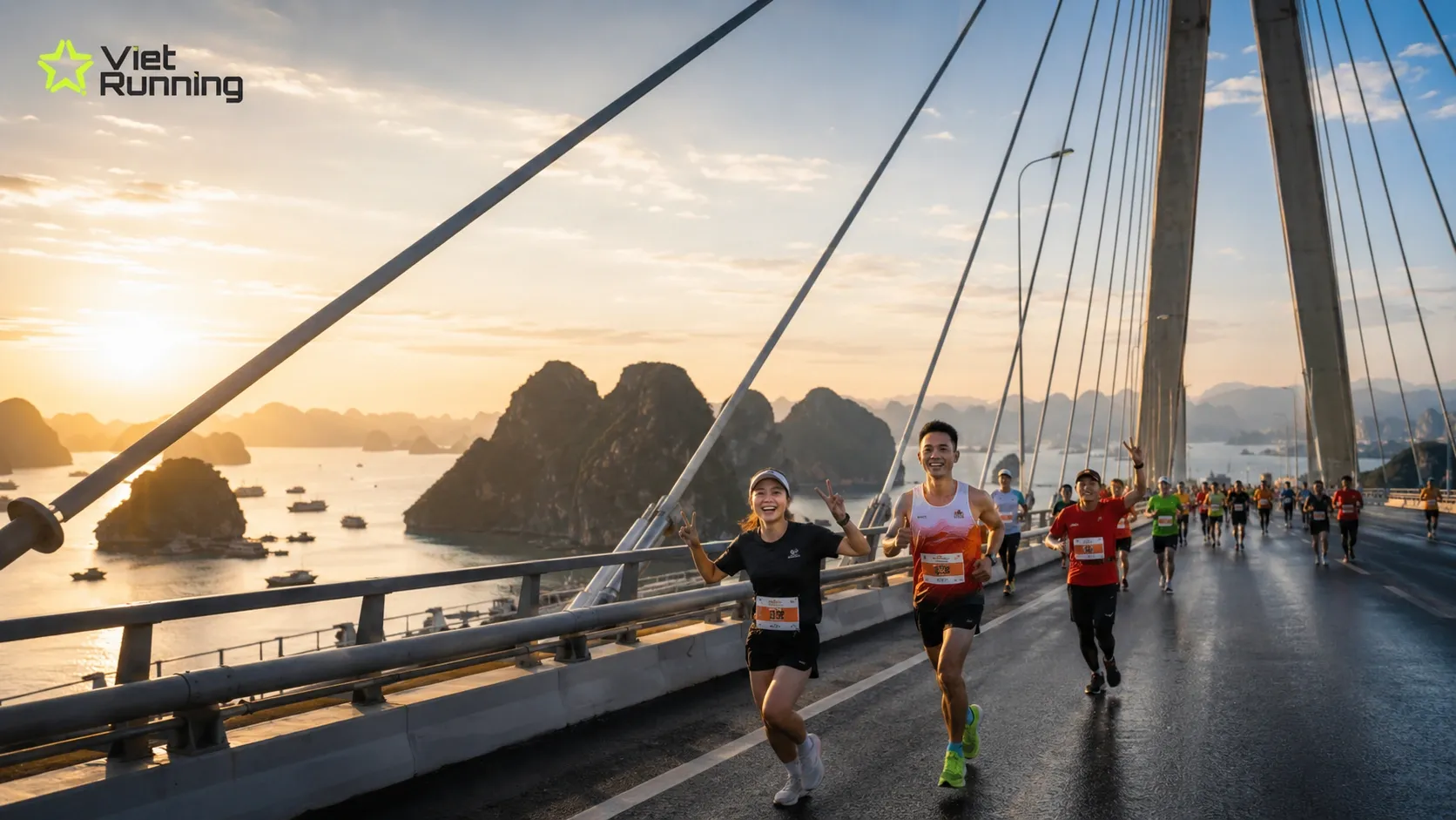 Vận động viên chạy qua cầu Bãi Cháy trong giải marathon tại Hạ Long với khung cảnh vịnh nhìn từ trên cao Vận động viên chạy qua cầu Bãi Cháy trong giải marathon tại Hạ Long với khung cảnh vịnh nhìn từ trên cao