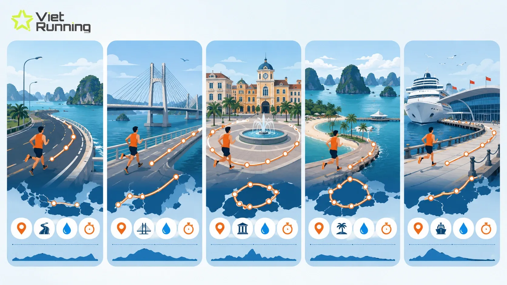 Minh họa so sánh 5 địa điểm tổ chức giải chạy nổi bật tại Hạ Long gồm Trần Quốc Nghiễn, cầu Bãi Cháy, Sun Plaza, Tuần Châu và Bến Đoan Minh họa so sánh 5 địa điểm tổ chức giải chạy nổi bật tại Hạ Long gồm Trần Quốc Nghiễn, cầu Bãi Cháy, Sun Plaza, Tuần Châu và Bến Đoan