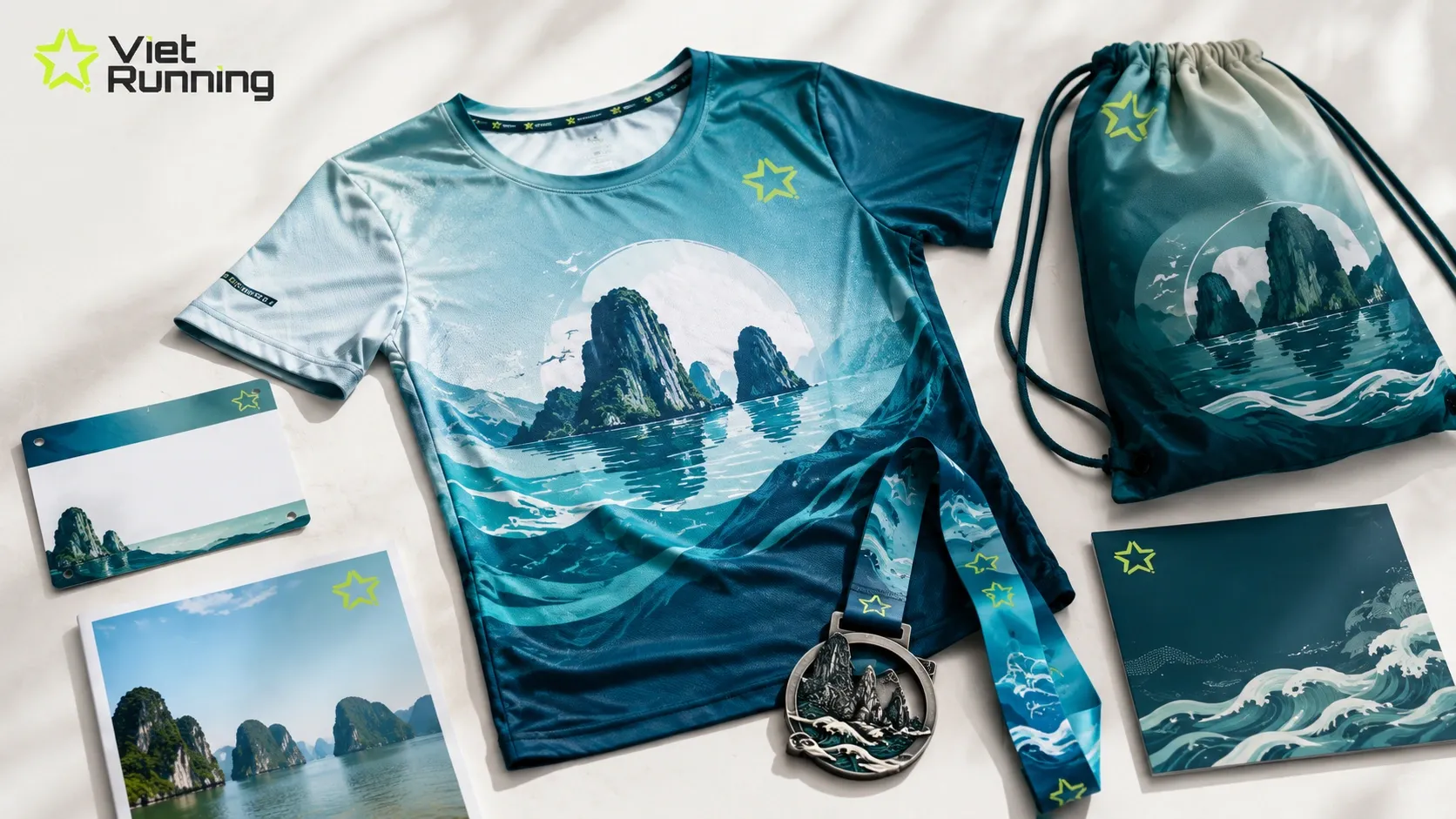 Bộ race kit giải chạy Hạ Long gồm áo chạy kỹ thuật, BIB và huy chương lấy cảm hứng từ vịnh và núi đá Bộ race kit giải chạy Hạ Long gồm áo chạy kỹ thuật, BIB và huy chương lấy cảm hứng từ vịnh và núi đá