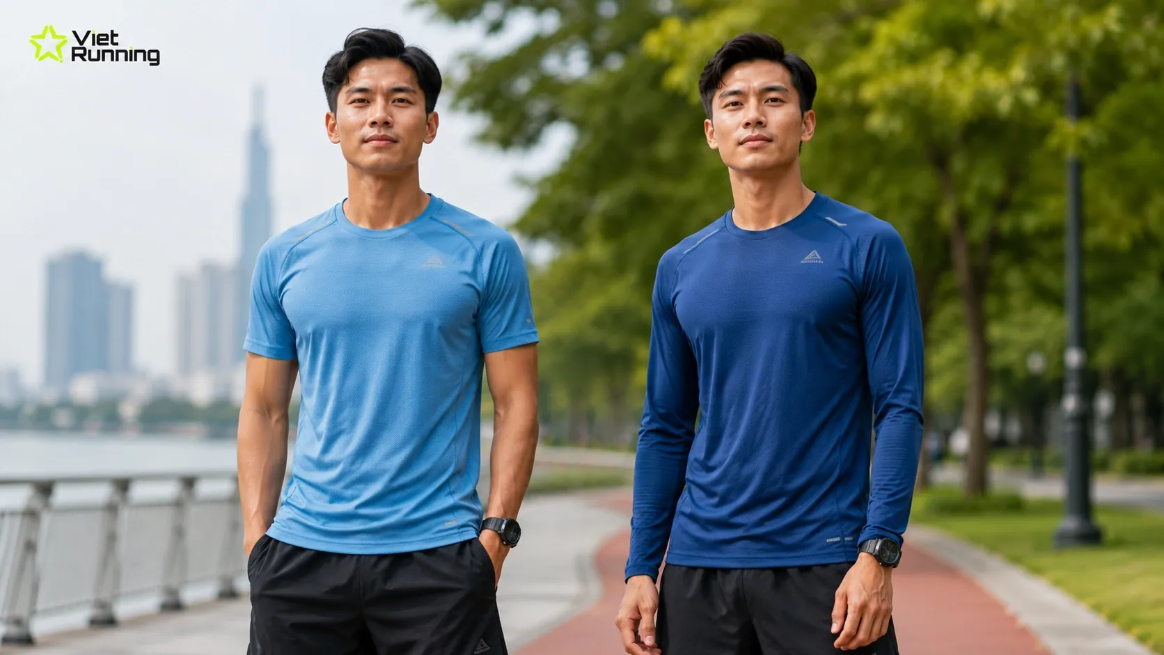So sánh áo chạy bộ tay ngắn và áo chạy bộ tay dài trong cùng một khung hình So sánh áo chạy bộ tay ngắn và áo chạy bộ tay dài trong cùng một khung hình