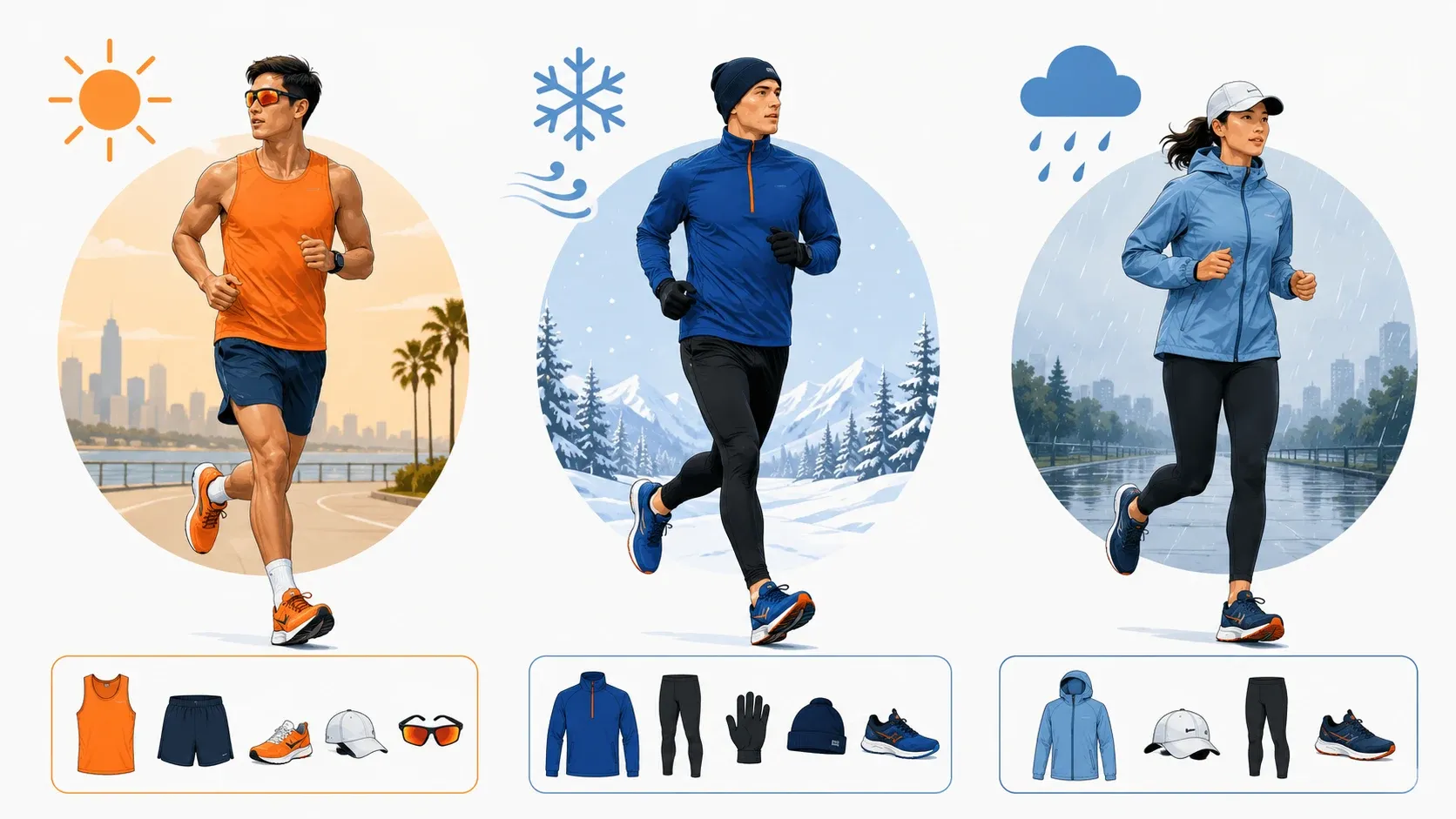 Runner mặc &aacute;o chạy ph&ugrave; hợp trong điều kiện nắng n&oacute;ng, trời lạnh v&agrave; mưa nhẹ