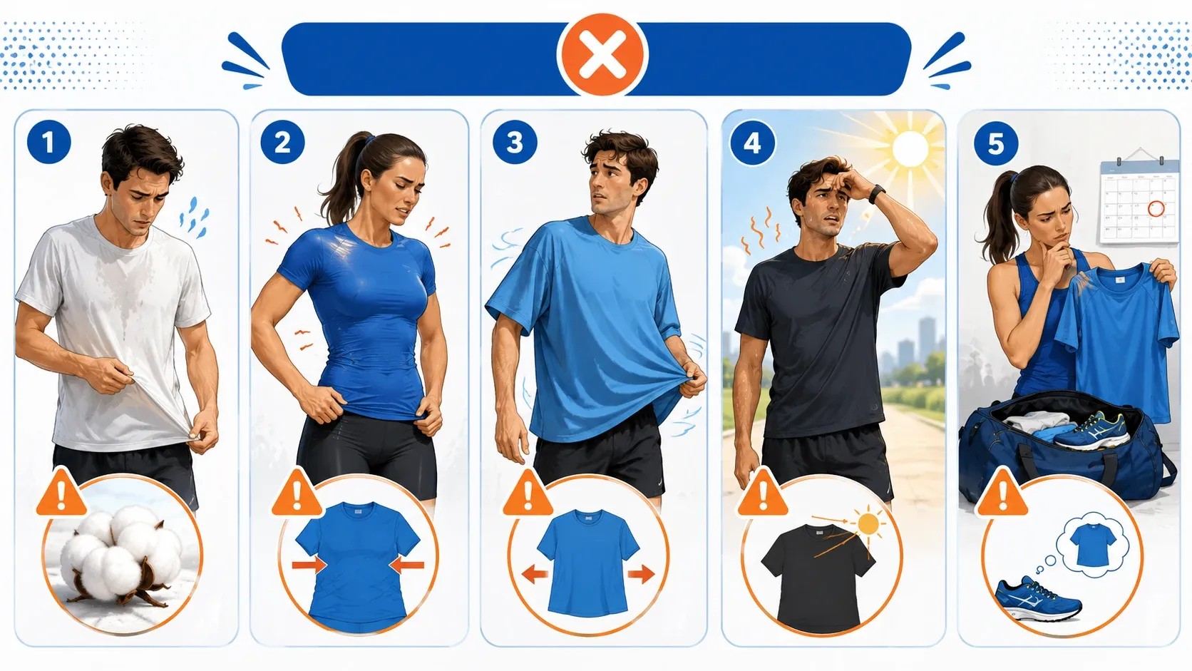 Minh họa c&aacute;c lỗi phổ biến khi chọn &aacute;o chạy như mặc cotton, chọn sai size v&agrave; kh&ocirc;ng test trước race