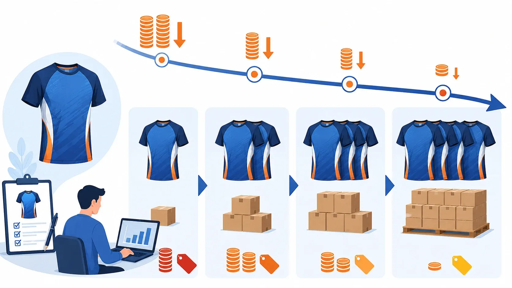 Minh họa xu hướng gi&aacute; &aacute;o chạy giảm khi số lượng đặt h&agrave;ng tăng