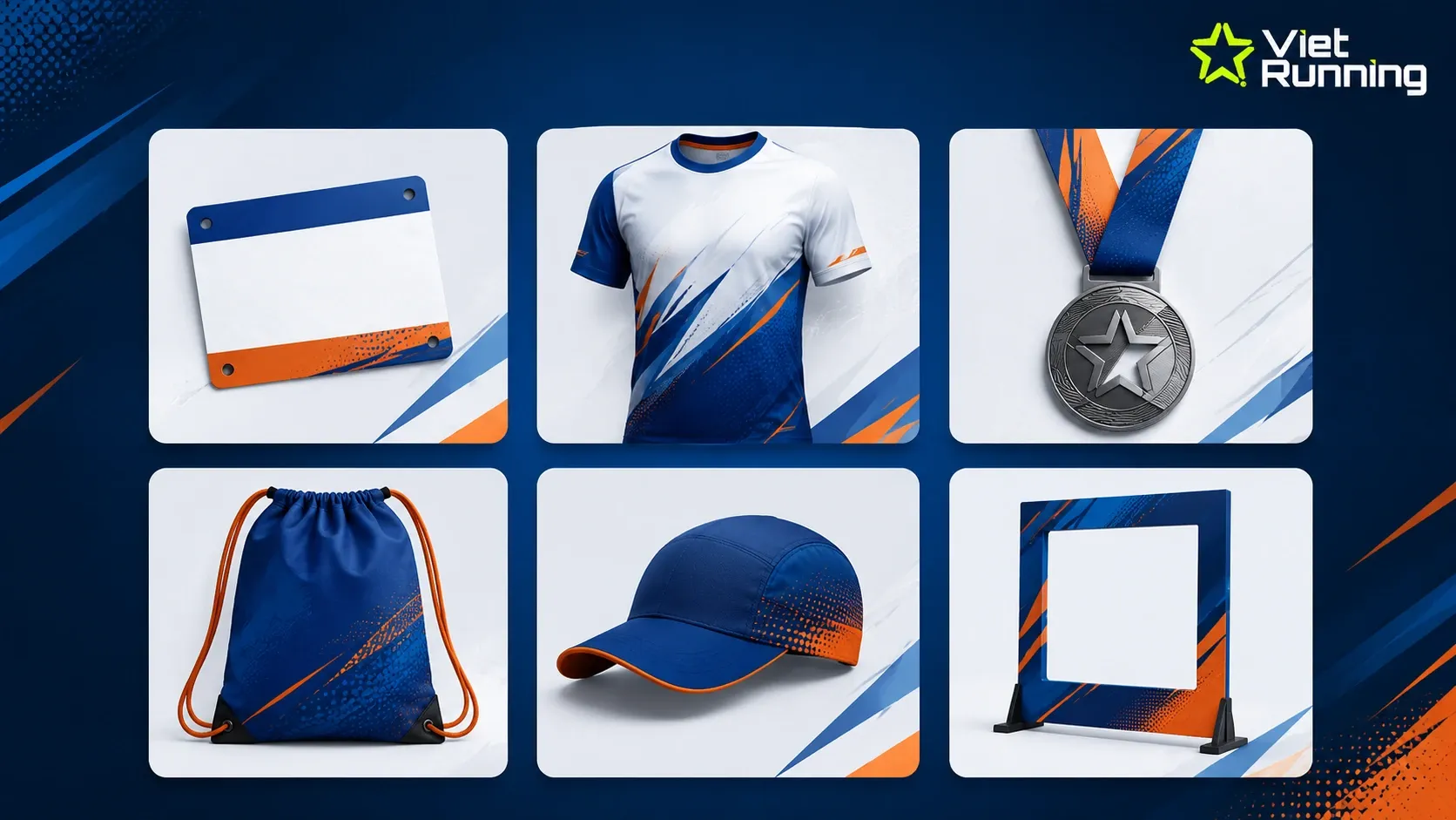Minh họa các hạng mục chính trong race kit gồm BIB số, áo chạy, huy chương, túi rút và mũ chạy bộ Minh họa các hạng mục chính trong race kit gồm BIB số, áo chạy, huy chương, túi rút và mũ chạy bộ