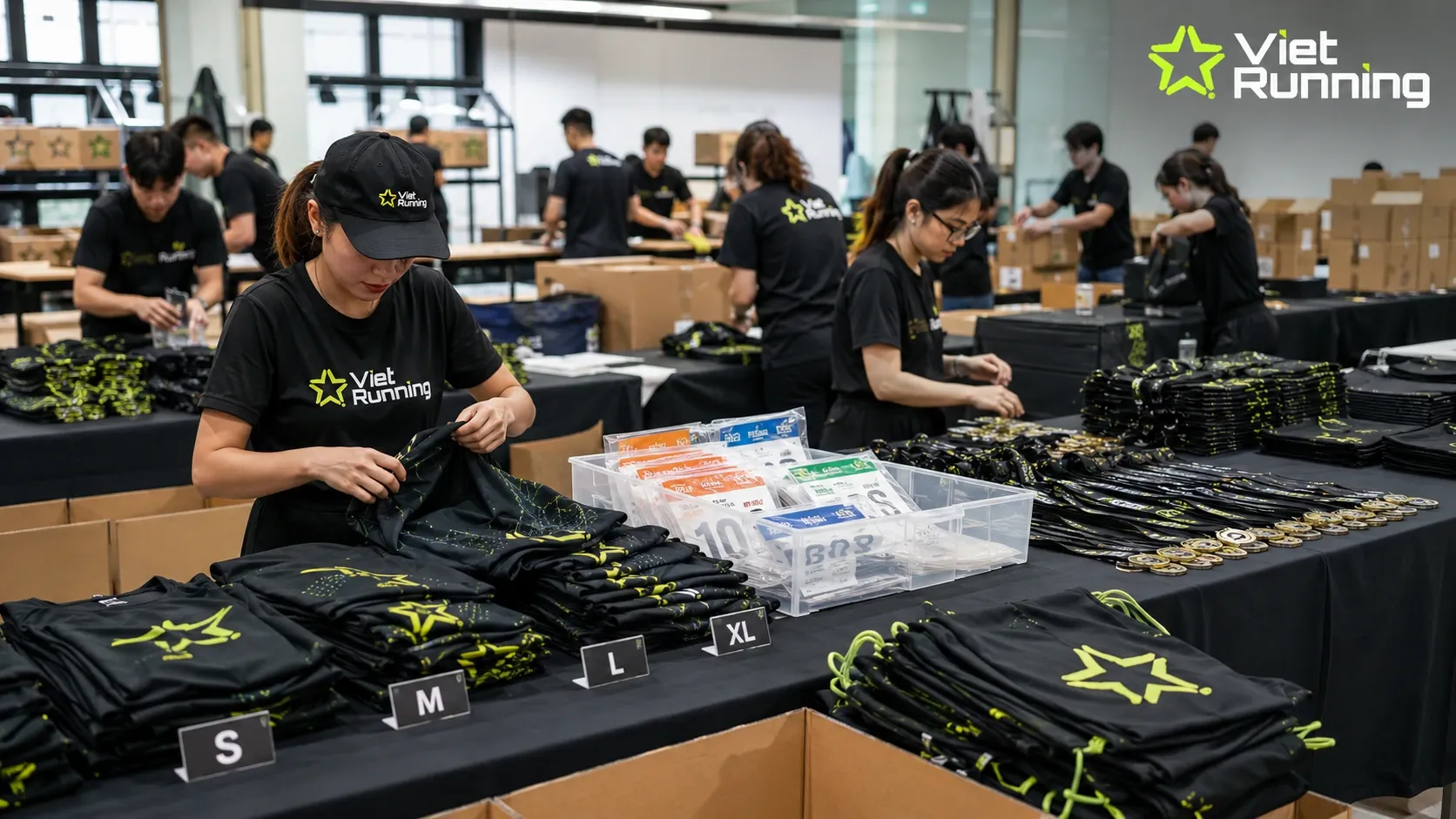 Nhân sự sự kiện đóng gói race kit theo size và cự ly trước ngày BIB expo Nhân sự sự kiện đóng gói race kit theo size và cự ly trước ngày BIB expo