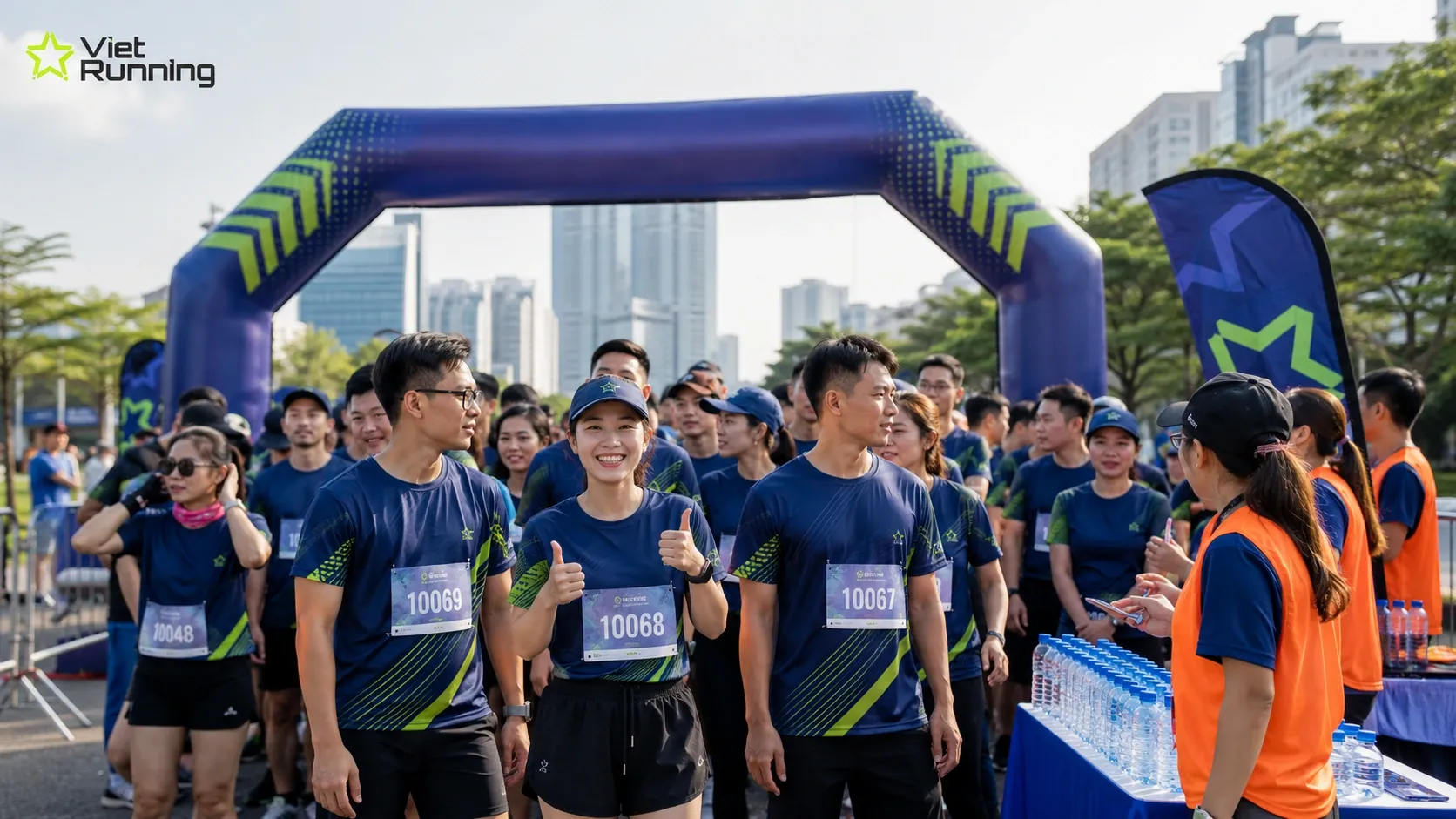 Hội thao doanh nghiệp với nh&acirc;n vi&ecirc;n mặc &aacute;o đồng phục tham gia fun run ngo&agrave;i trời