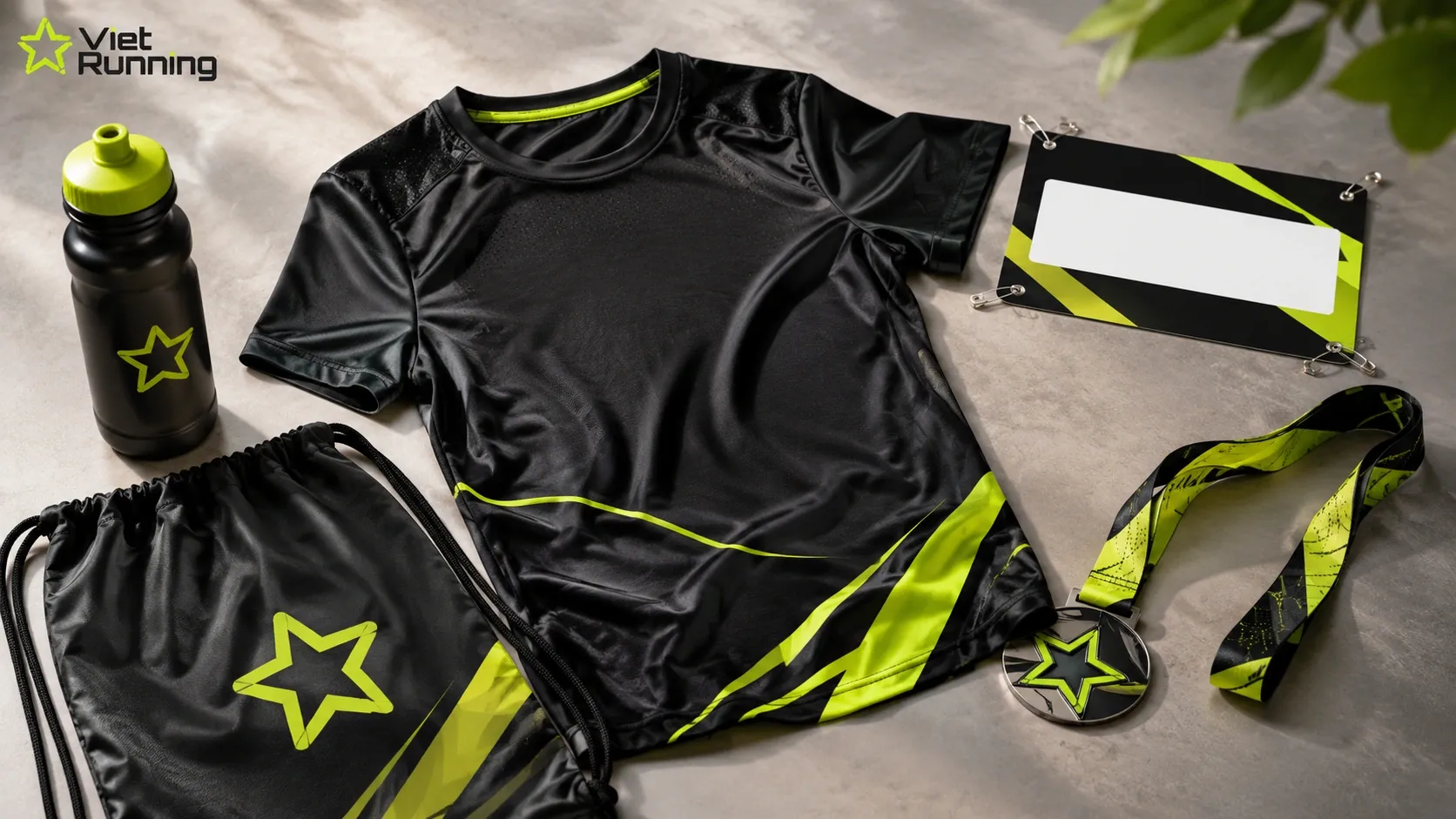Bộ race kit hội thao doanh nghiệp gồm &aacute;o chạy, BIB, huy chương v&agrave; t&uacute;i r&uacute;t được sắp xếp đồng bộ