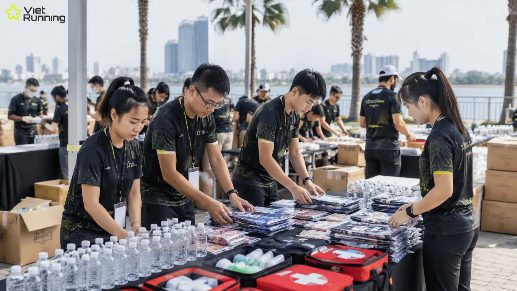 Đội ngũ hậu cần chuẩn bị nước uống, race kit v&agrave; khu vực check-in cho hội thao doanh nghiệp