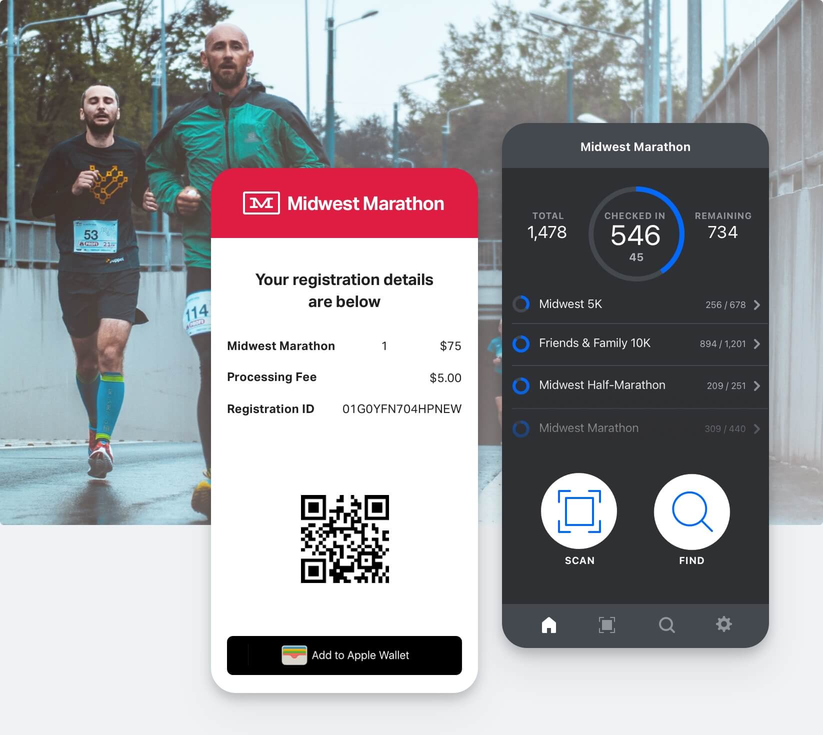 Giao diện vé và check-in online cho sự kiện chạy bộ