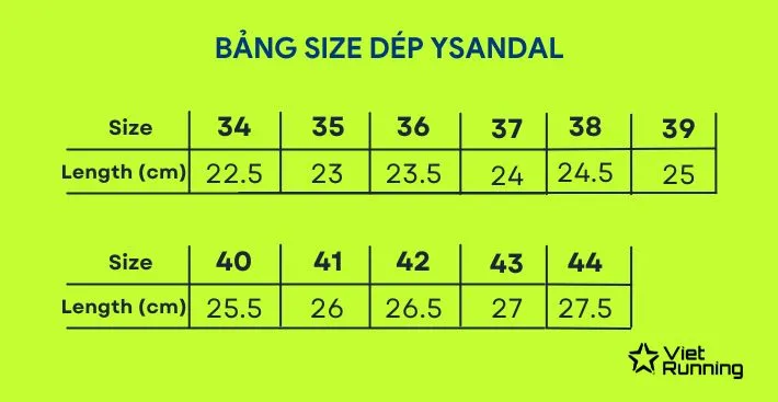 Bảng size dép chạy bộ Ysandal tại Viet Running Store